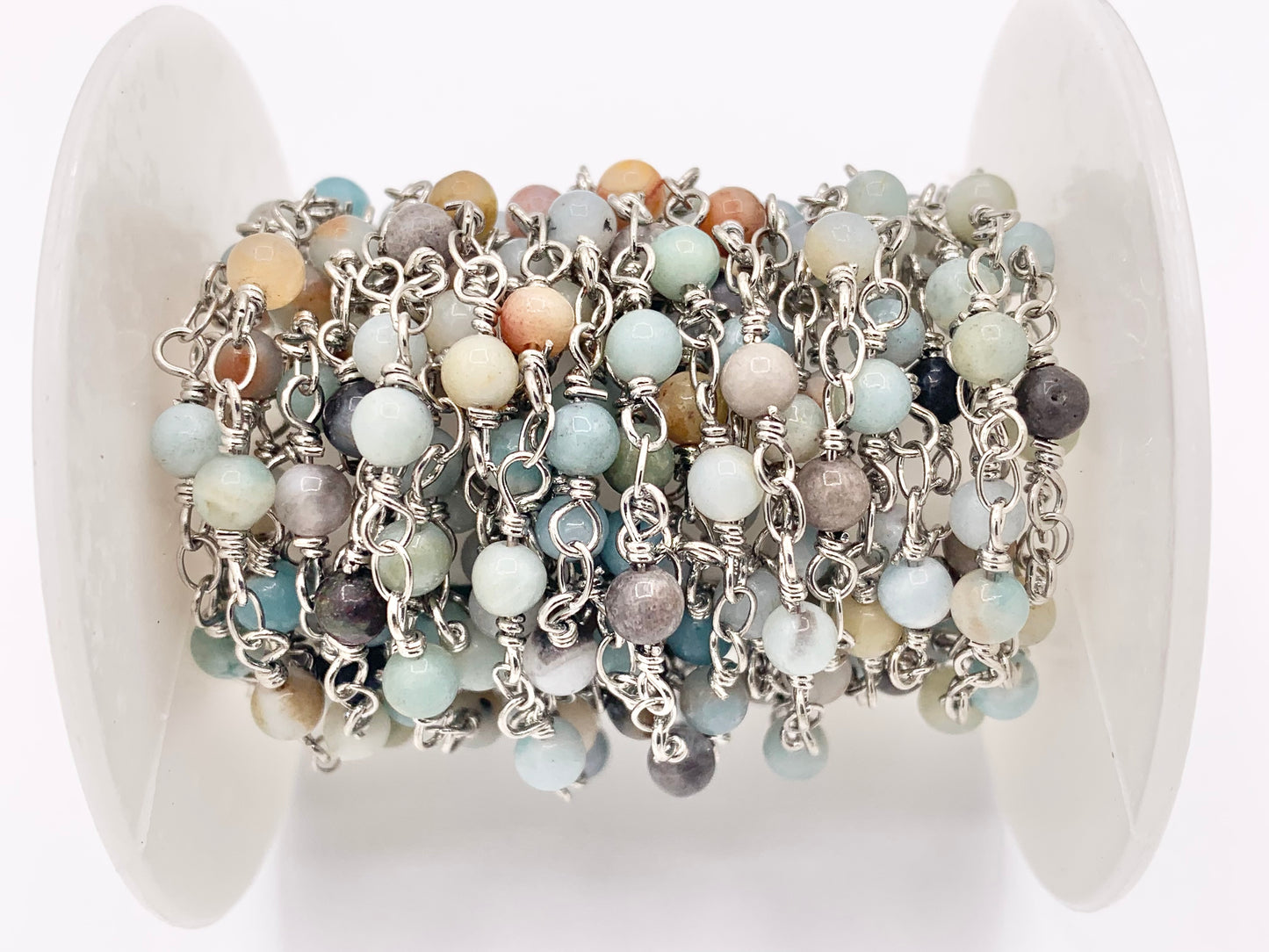 Amazonite Round Smooth Rosary Style Beaded Wired Chain With Silver Wire By Spool 4mm 6mm 8mm 10mm