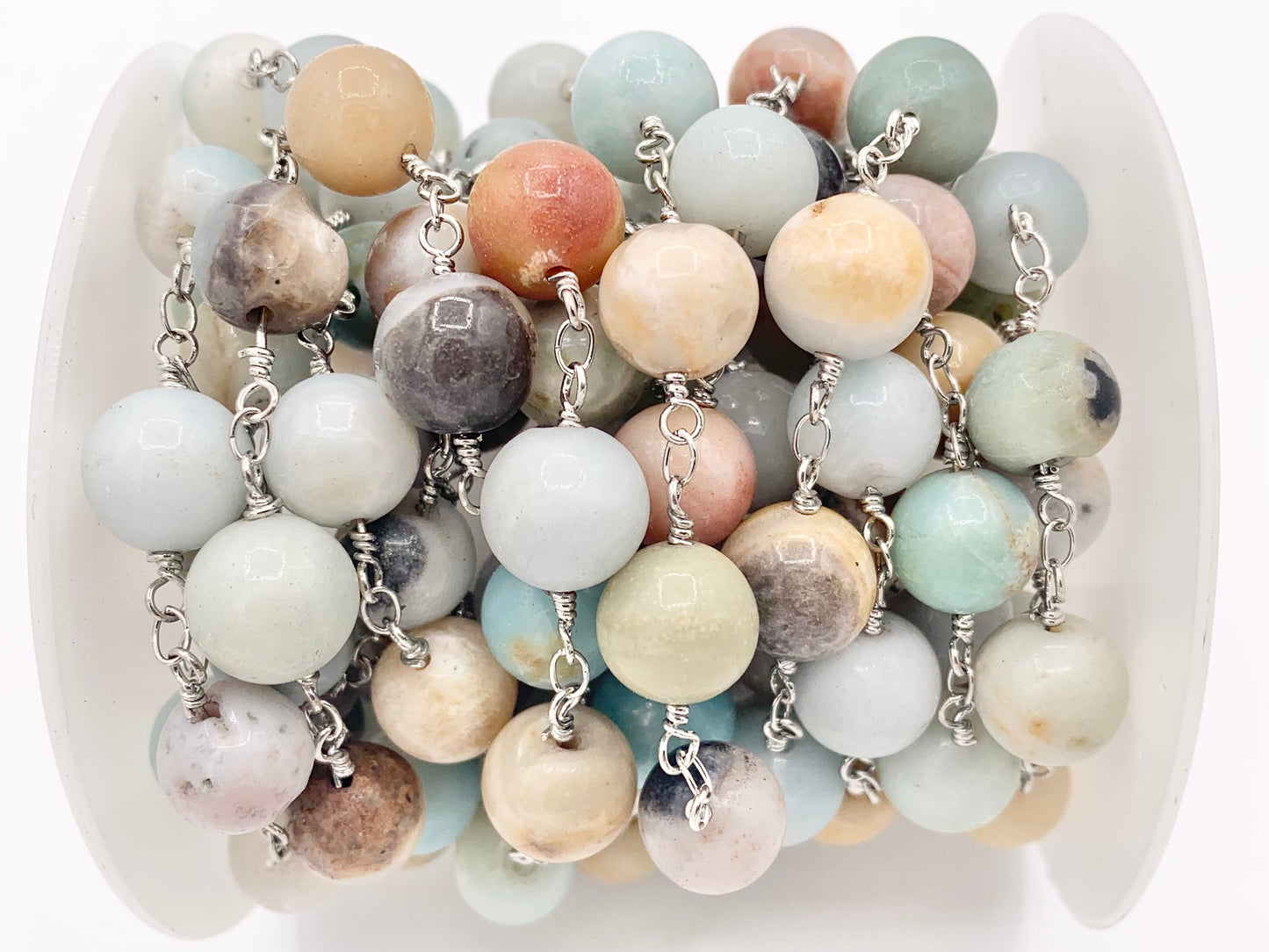 Amazonite Round Smooth Rosary Style Beaded Wired Chain With Silver Wire By Spool 4mm 6mm 8mm 10mm