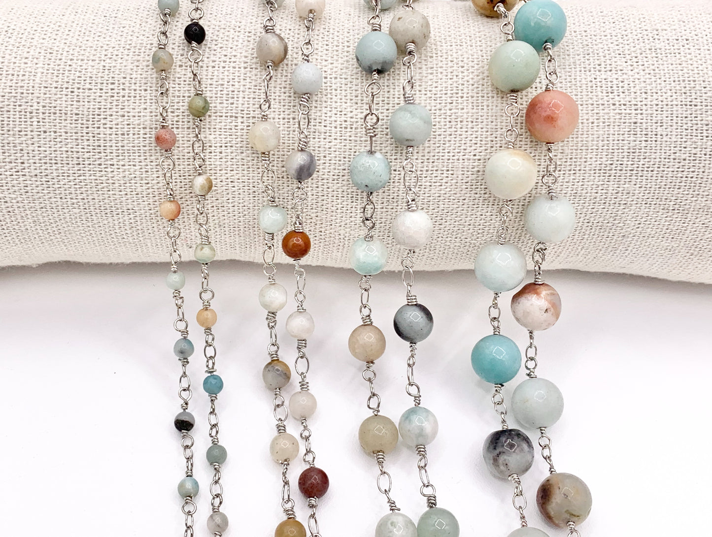 Amazonite Round Smooth Rosary Style Beaded Wired Chain With Silver Wire By Spool 4mm 6mm 8mm 10mm