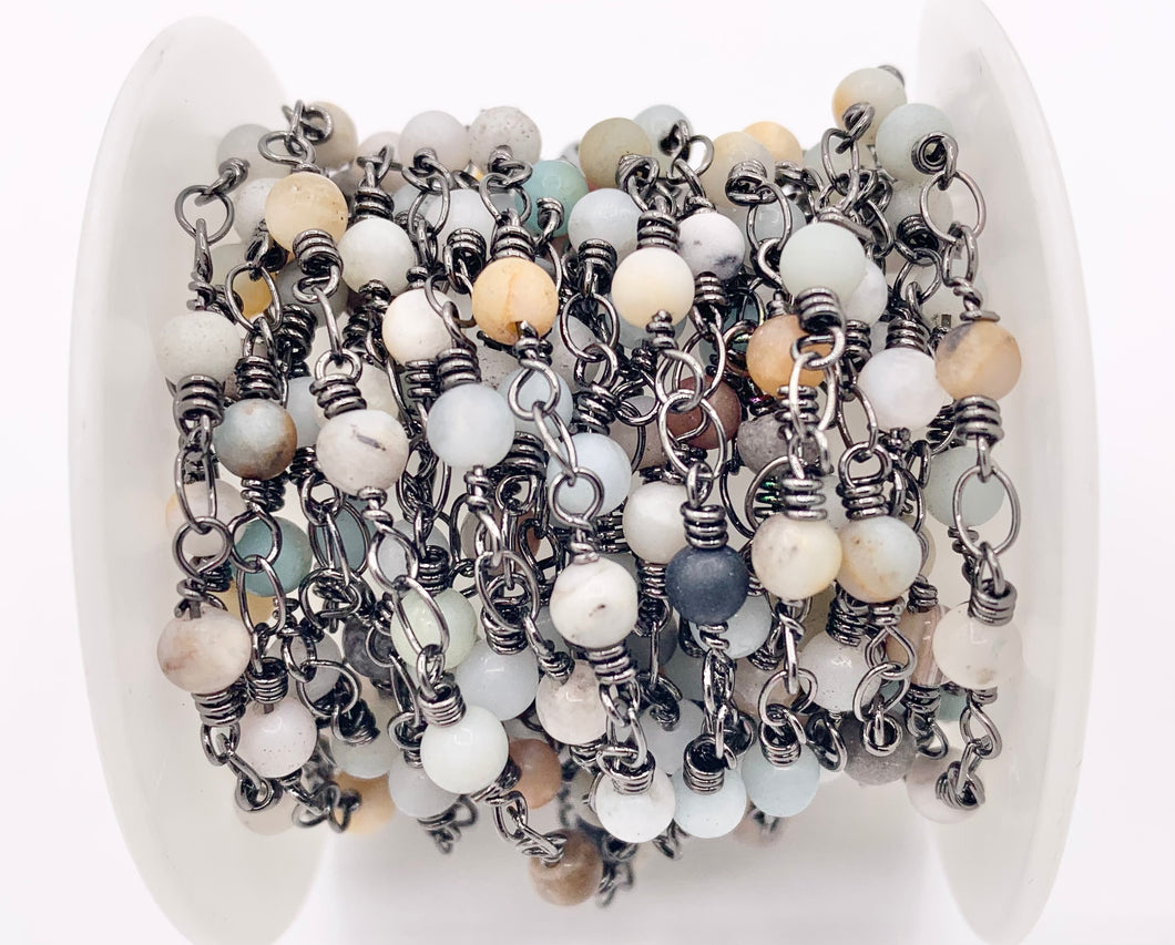 Amazonite Round Smooth Rosary Style Beaded Wired Chain With Gunmetal Wire By Spool 4mm 6mm 8mm 10mm