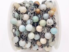 Load image into Gallery viewer, Amazonite Round Smooth Rosary Style Beaded Wired Chain With Gunmetal Wire By Spool 4mm 6mm 8mm 10mm
