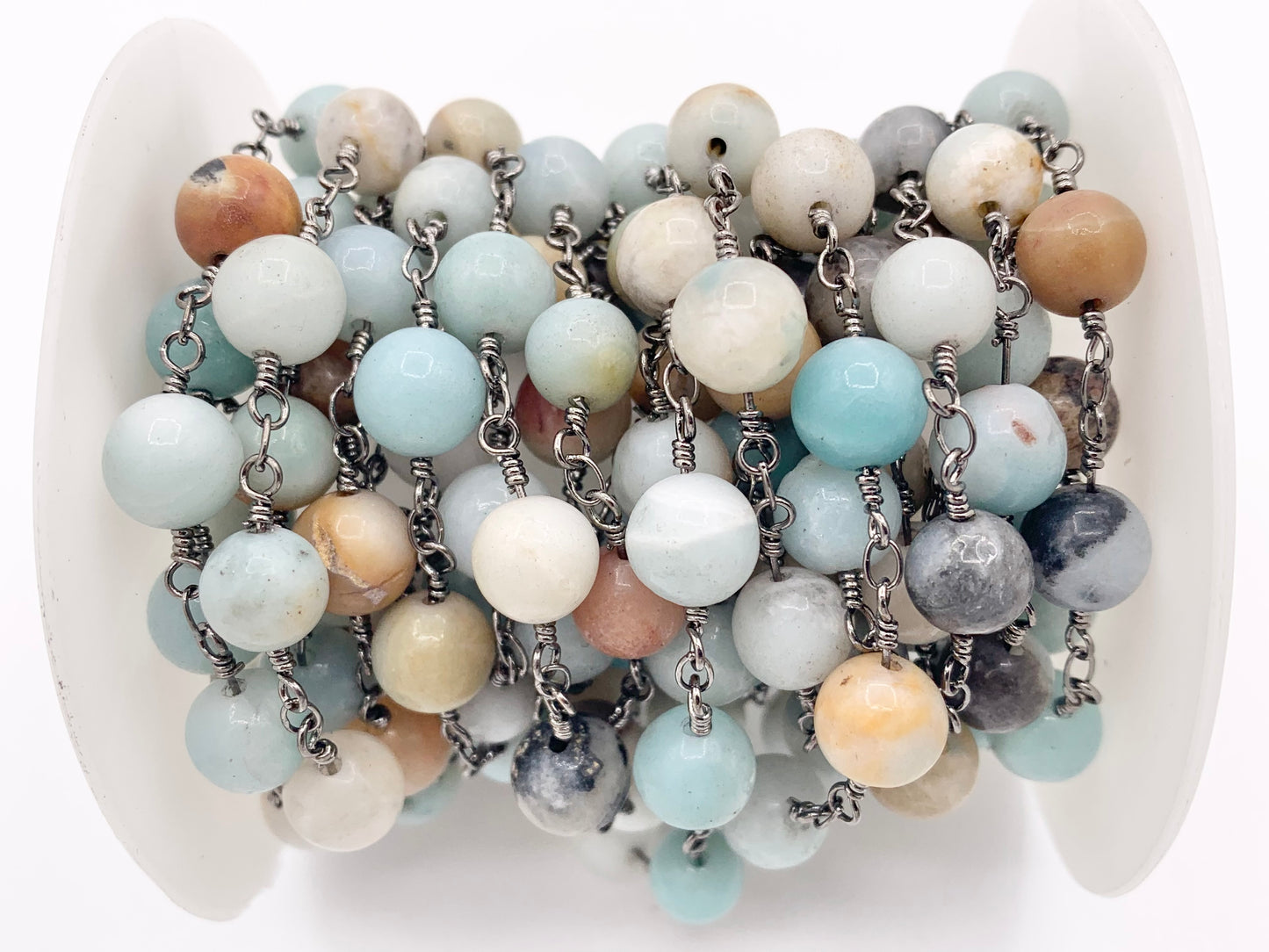 Amazonite Round Smooth Rosary Style Beaded Wired Chain With Gunmetal Wire By Spool 4mm 6mm 8mm 10mm