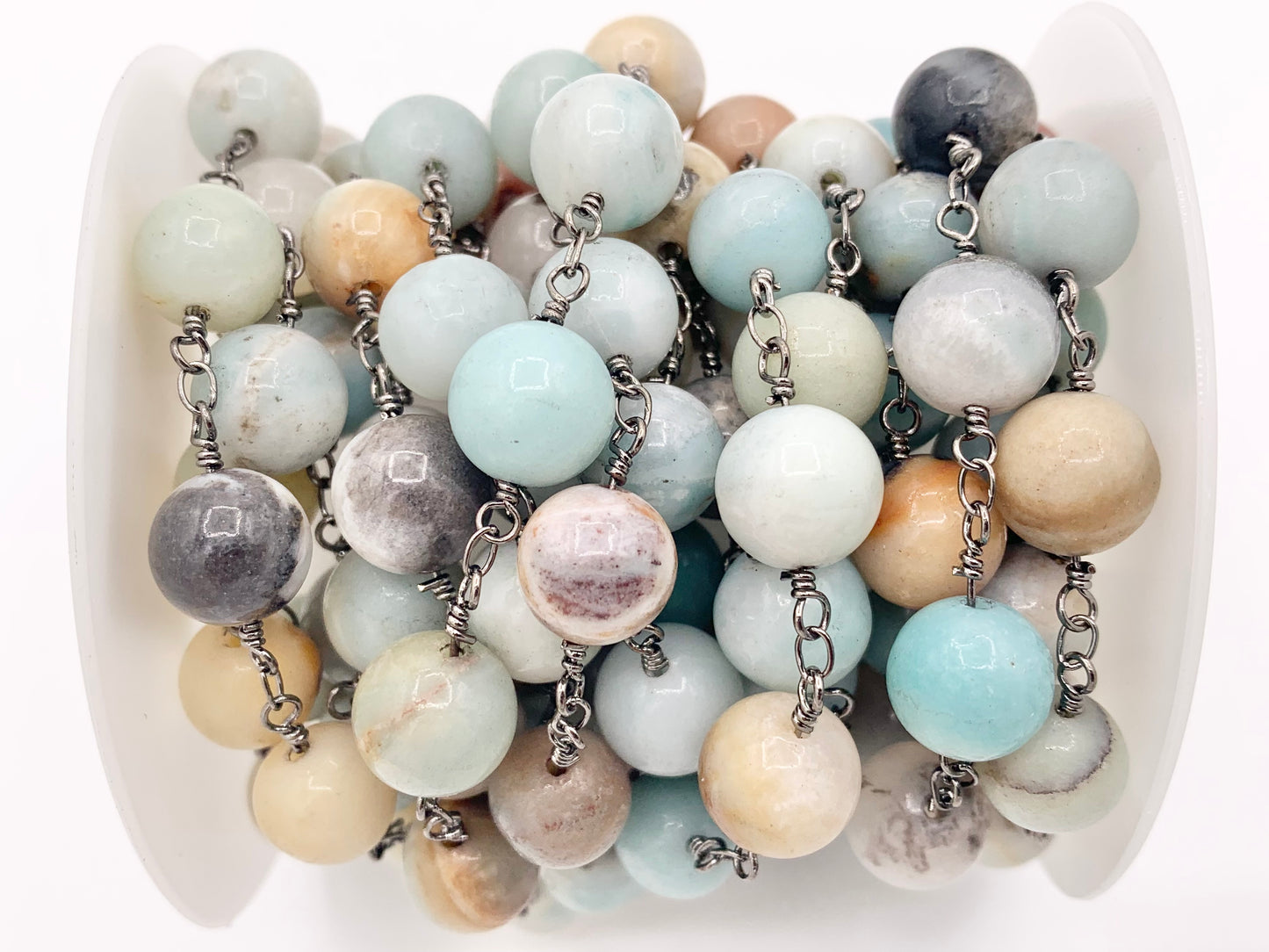 Amazonite Round Smooth Rosary Style Beaded Wired Chain With Gunmetal Wire By Spool 4mm 6mm 8mm 10mm