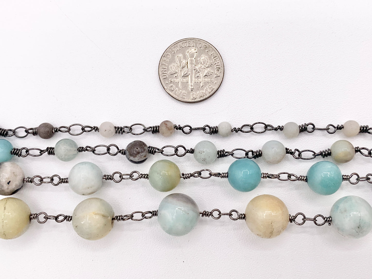 Amazonite Round Smooth Rosary Style Beaded Wired Chain With Gunmetal Wire By Spool 4mm 6mm 8mm 10mm