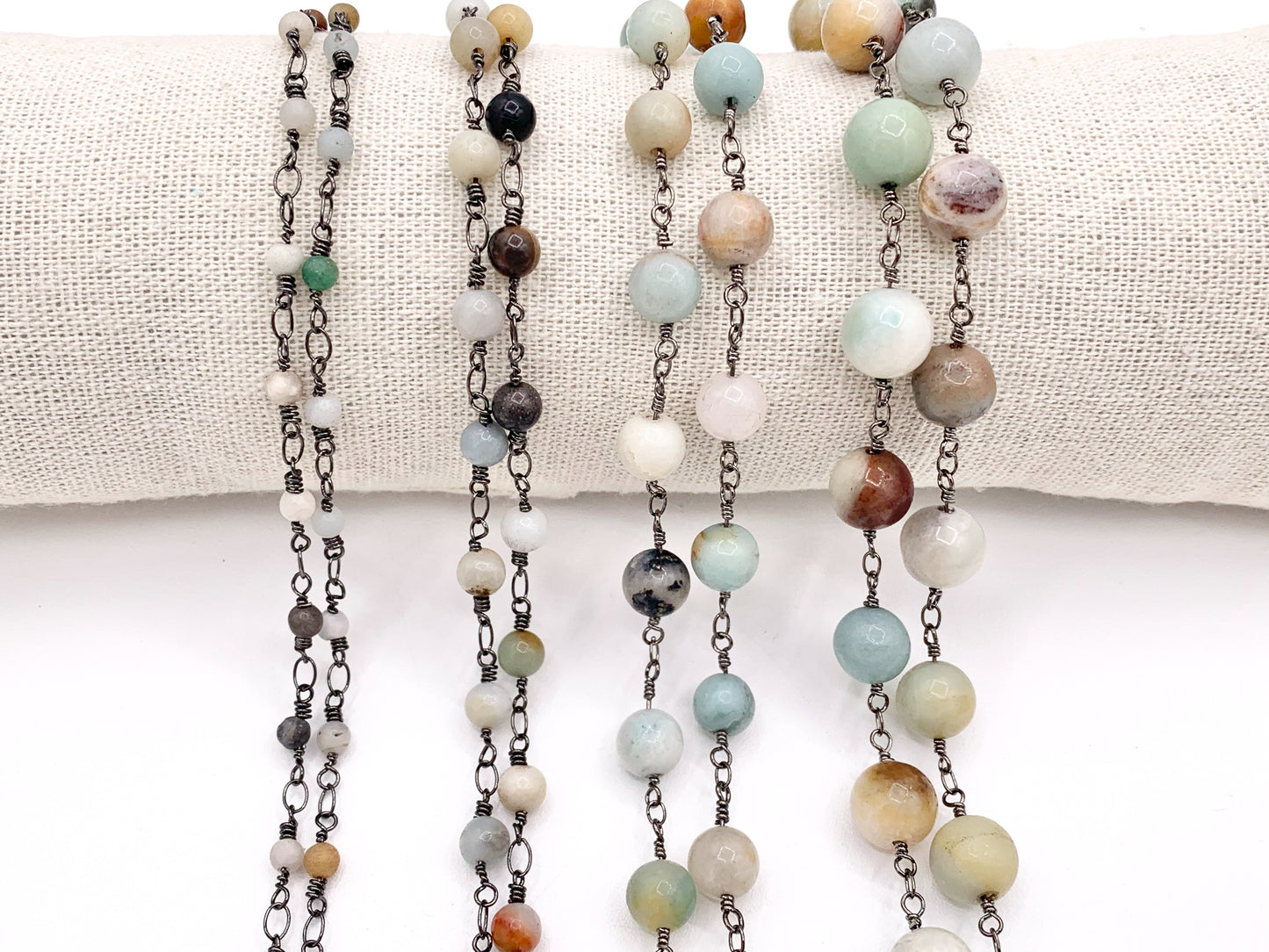 Amazonite Round Smooth Rosary Style Beaded Wired Chain With Gunmetal Wire By Spool 4mm 6mm 8mm 10mm