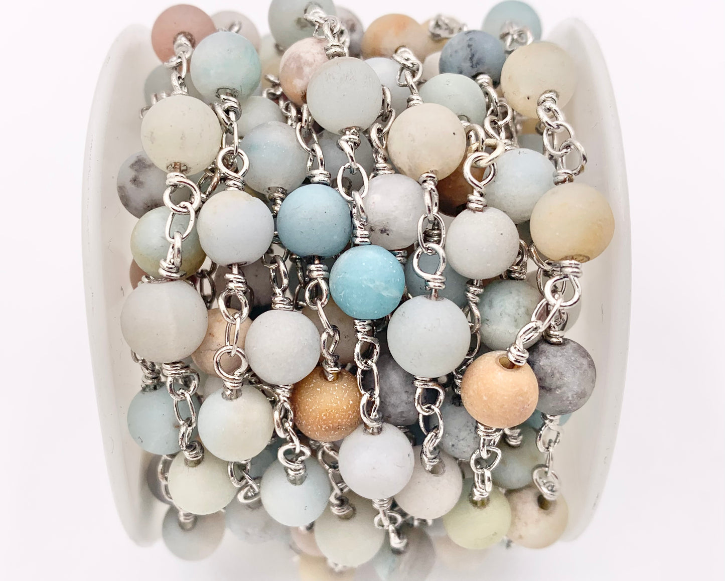 Matte Amazonite Round Smooth Rosary Style Beaded Wired Chain With Silver Wire By Spool 4mm 6mm 8mm 10mm