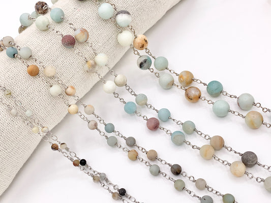 Matte Amazonite Round Smooth Rosary Style Beaded Wired Chain With Silver Wire By Spool 4mm 6mm 8mm 10mm