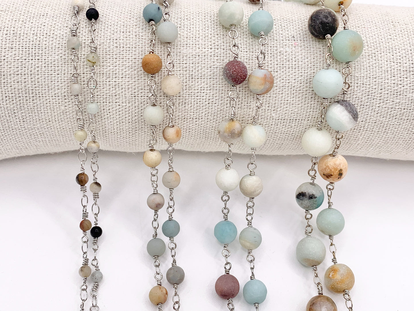 Matte Amazonite Round Smooth Rosary Style Beaded Wired Chain With Silver Wire By Spool 4mm 6mm 8mm 10mm