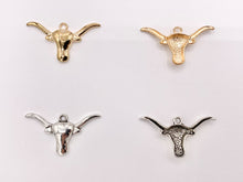 Load image into Gallery viewer, 19x35mm Pewter Long Horn Steer Head Pendants Small Bull Head Charms Bulk Order in Gold, Silver, Copper and Brass
