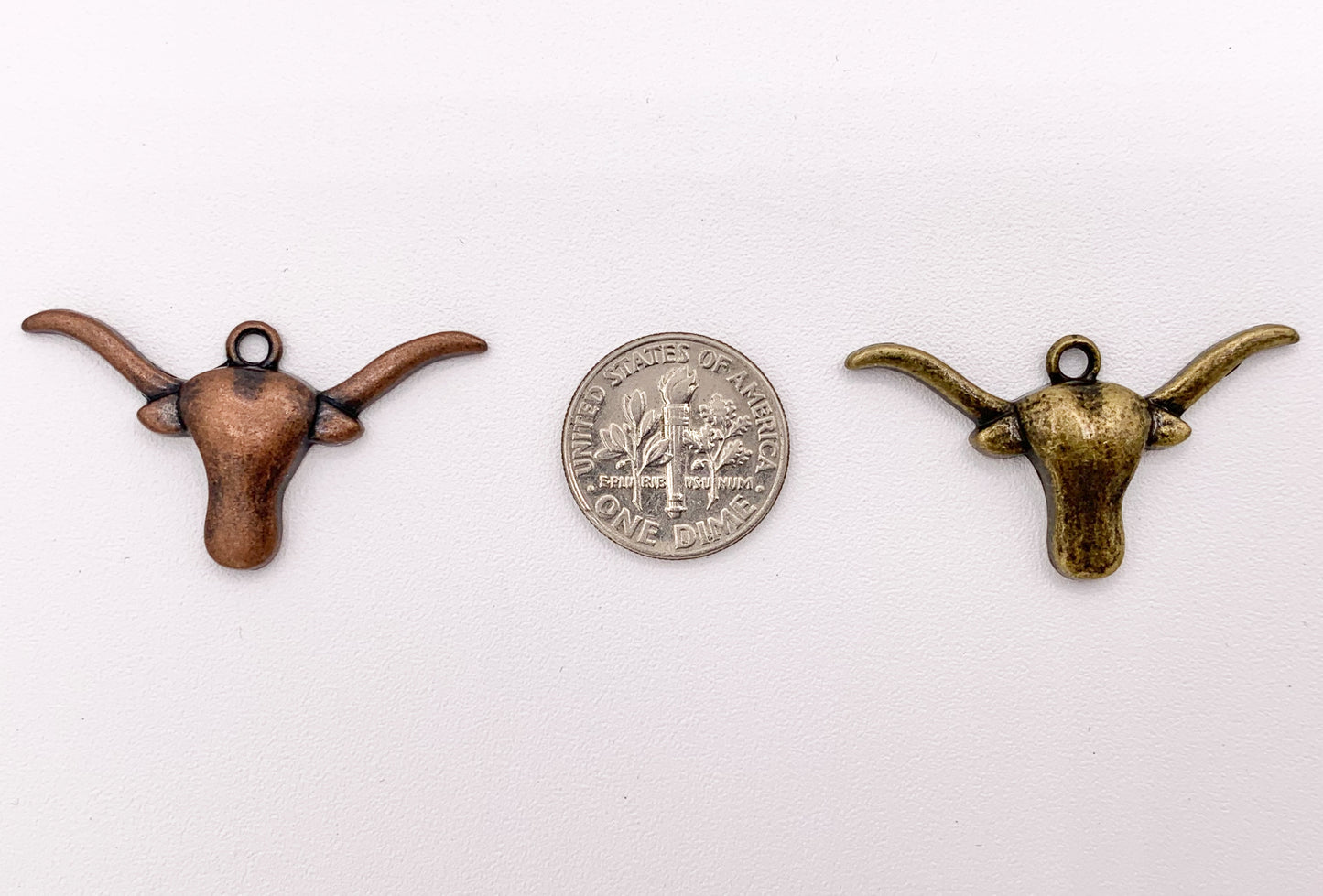 19x35mm Pewter Long Horn Steer Head Pendants Small Bull Head Charms Bulk Order in Gold, Silver, Copper and Brass