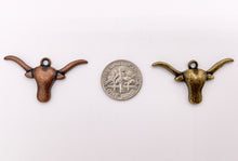 Load image into Gallery viewer, 19x35mm Pewter Long Horn Steer Head Pendants Small Bull Head Charms Bulk Order in Gold, Silver, Copper and Brass
