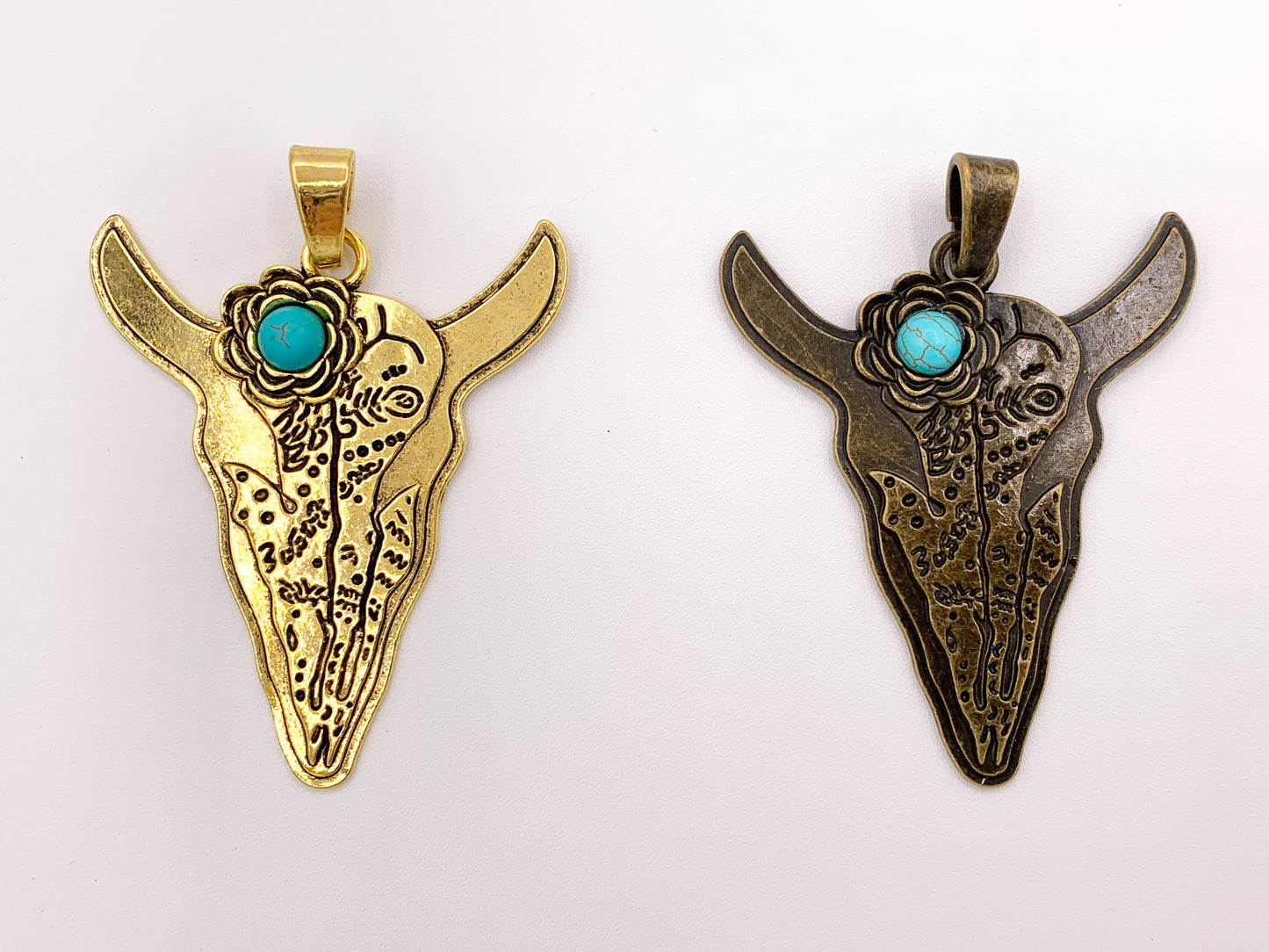 2.25x2.75 inches Pewter Steer Head Pendant With Turquoise Howlite in Gold, Brass, Matte Gold, Matte Silver