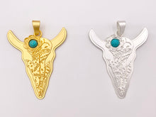 Load image into Gallery viewer, 2.25x2.75 inches Pewter Steer Head Pendant With Turquoise Howlite in Gold, Brass, Matte Gold, Matte Silver
