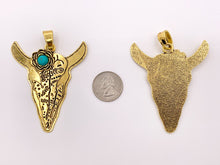 Load image into Gallery viewer, 2.25x2.75 inches Pewter Steer Head Pendant With Turquoise Howlite in Gold, Brass, Matte Gold, Matte Silver
