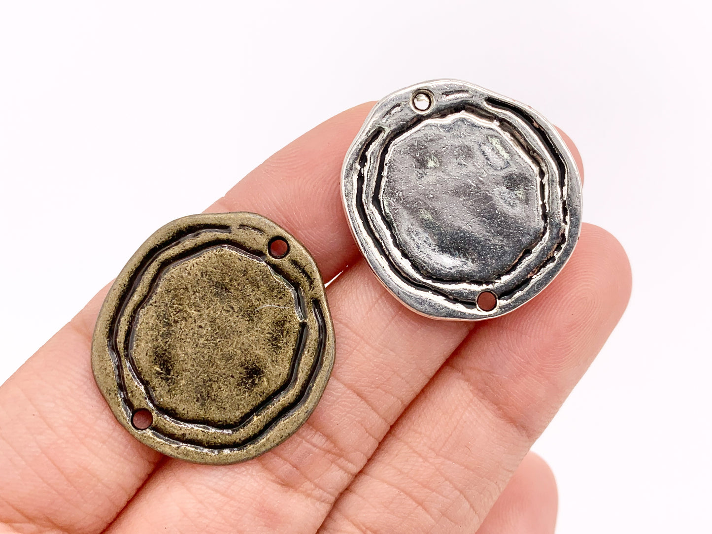 24mm Pewter Swirl Circle Pendants Quarter Size Flat Coin 2 Holes Connectors Bulk Order in Gold, Rosy Gold, Silver, Brass and Gunmetal