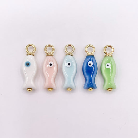 9x27mm Handmade Ceramic Fish Pendant in White, Light Pink, Green, Light Blue and Dark Blue 10 PCS