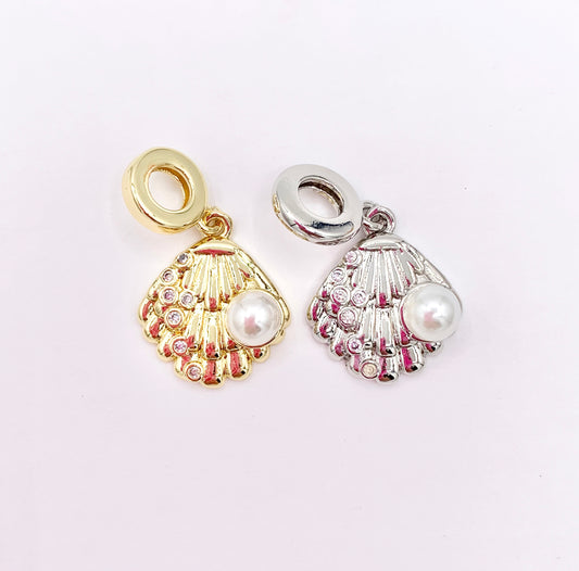 CZ Pave Pearl Shell Shape Summer Sealife Pendant in Real Gold/Silver 18K Plated Over Brass 10 PCS