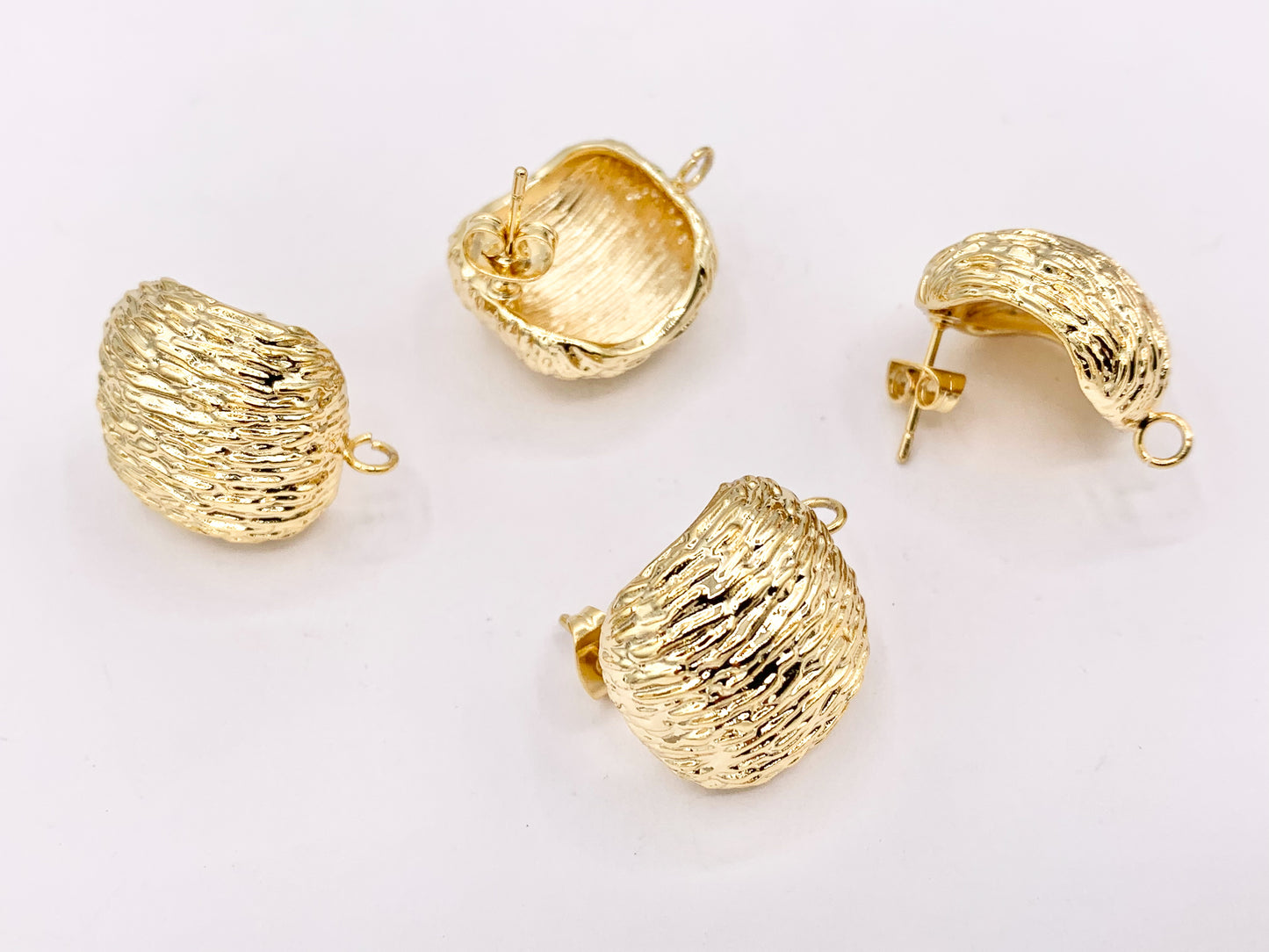 Textured Puffy Square Earring Findings Component with Loop in 18K Gold plated Copper 4 PAIRS