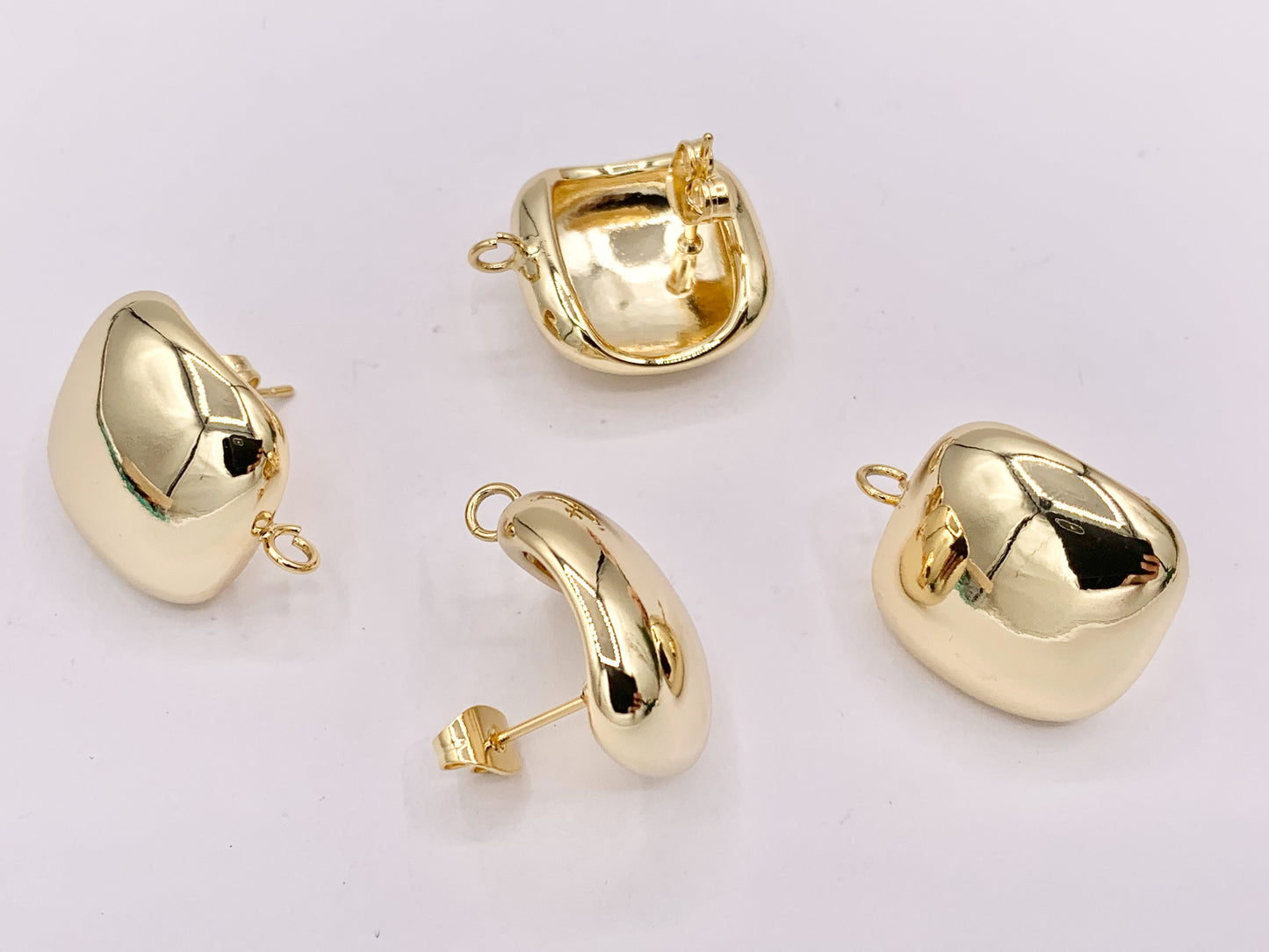 Shiny Puffy Square Earring Findings Component with Loop in 18K Gold plated Copper 4 PAIRS