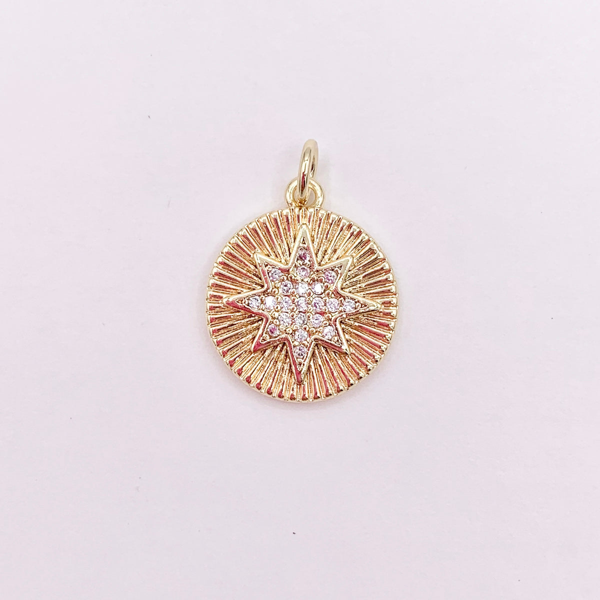 14mm CZ Pave Starburst Coin Charm in Real Gold 18K Plated Copper 10 PCS