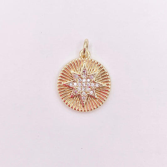 14mm CZ Pave Starburst Coin Charm in Real Gold 18K Plated Copper 10 PCS