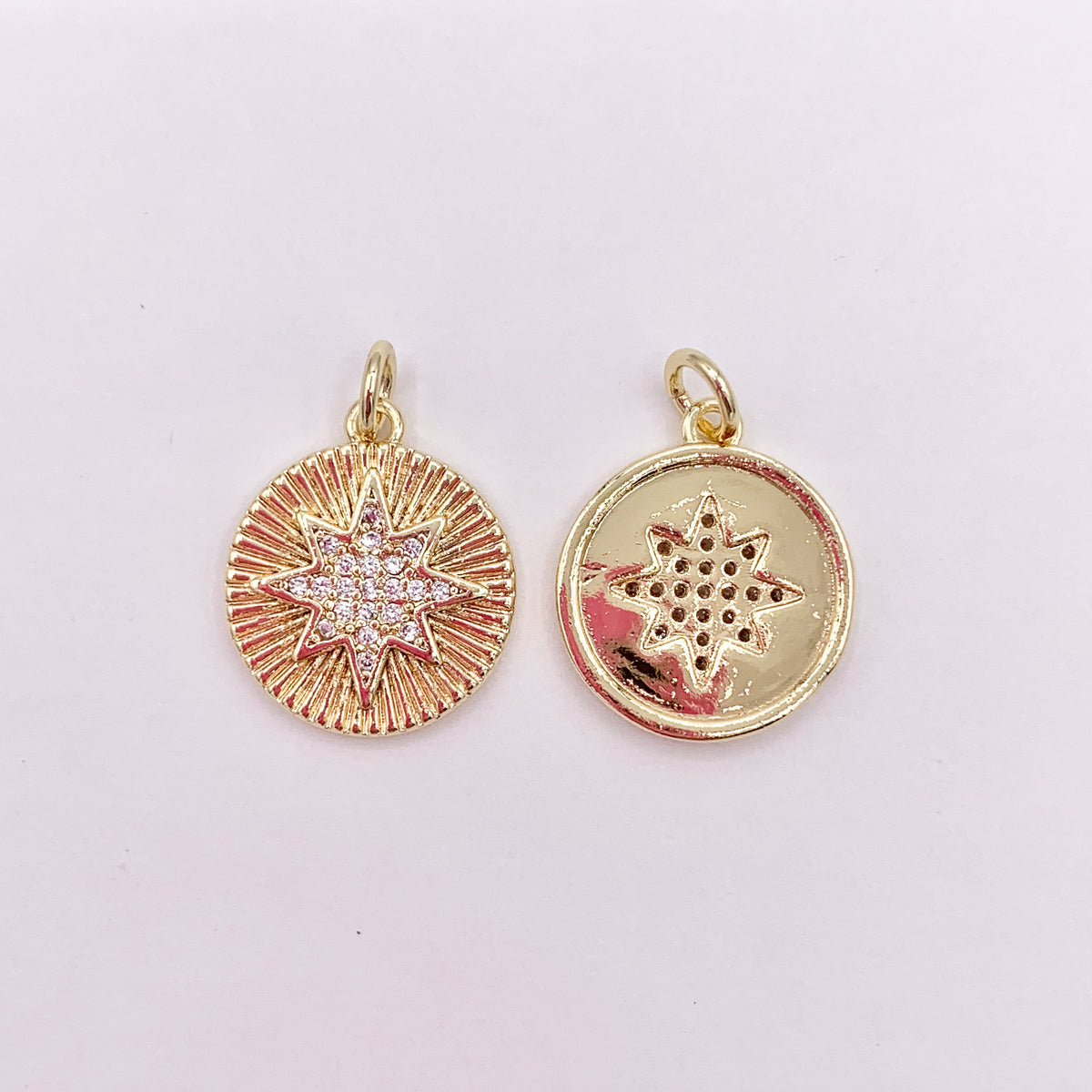 14mm CZ Pave Starburst Coin Charm in Real Gold 18K Plated Copper 10 PCS