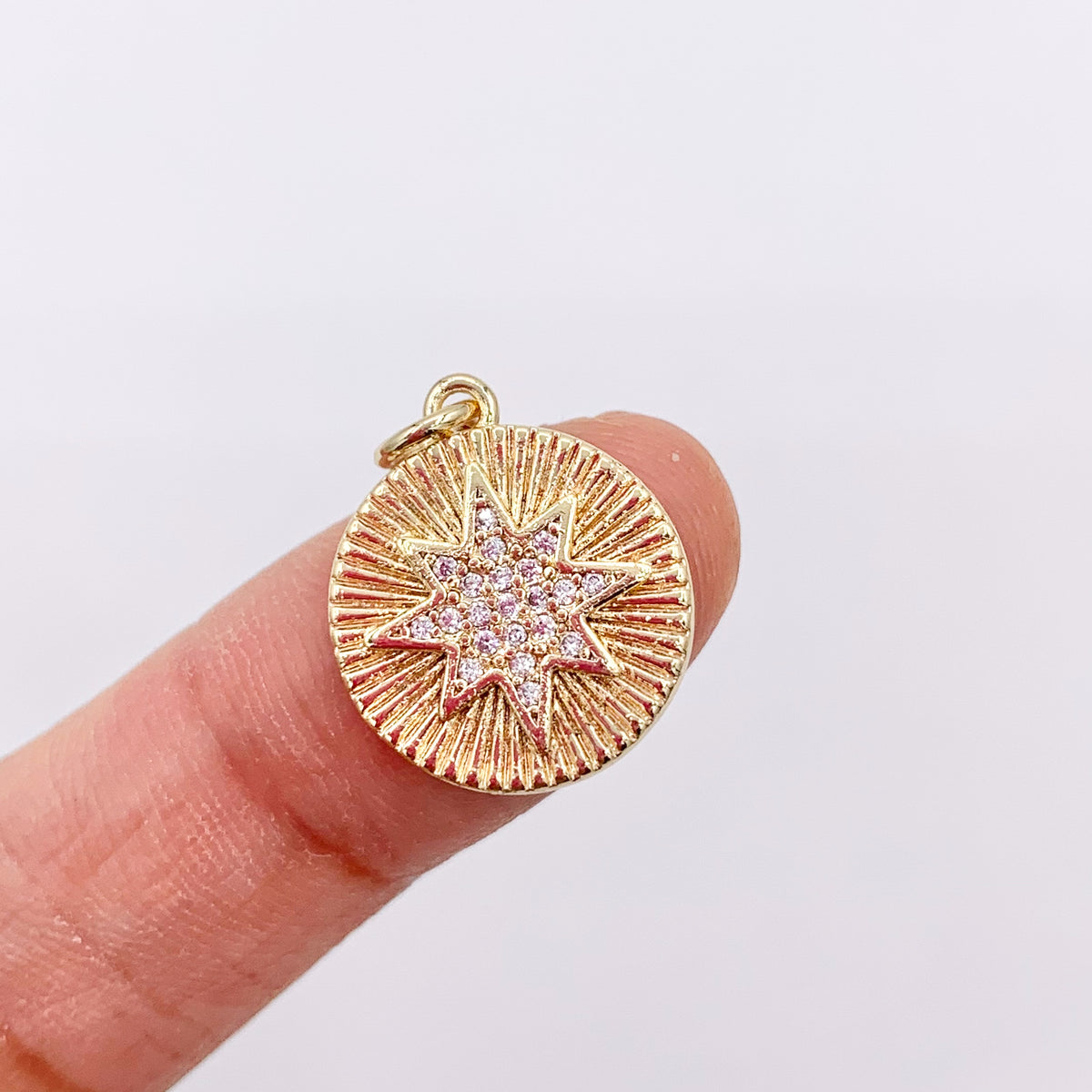 14mm CZ Pave Starburst Coin Charm in Real Gold 18K Plated Copper 10 PCS