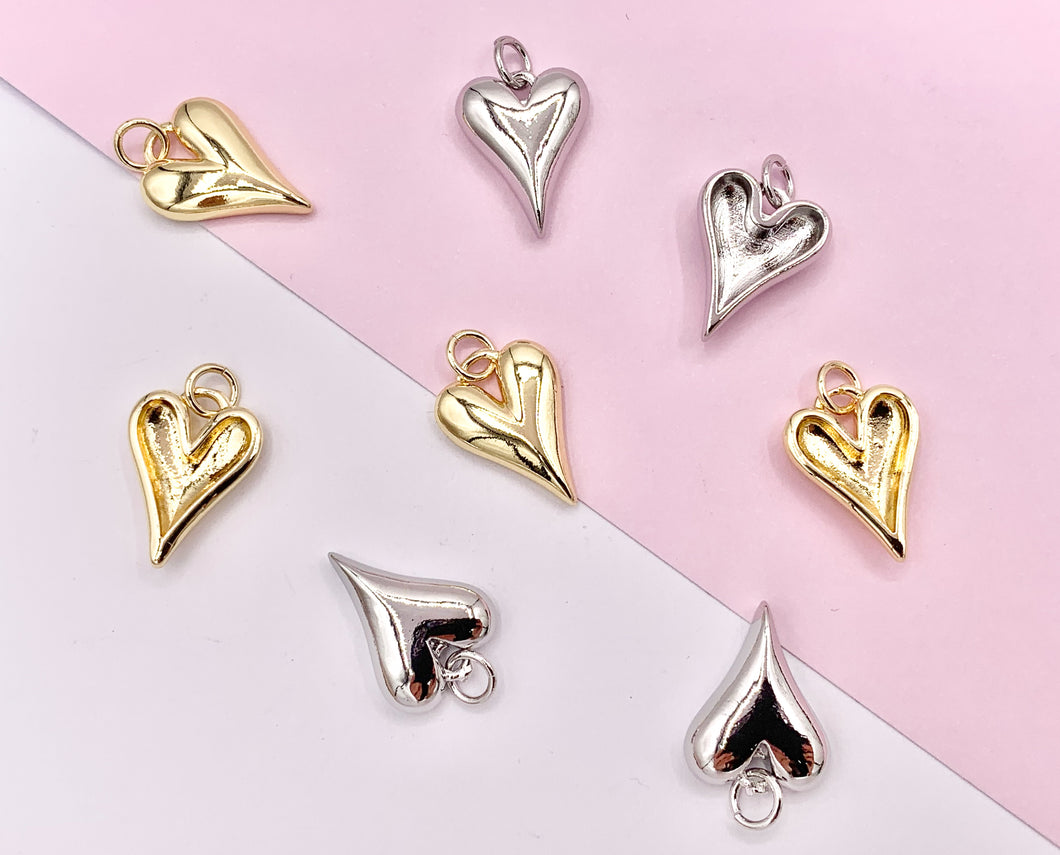 Cute One Sided Puffy Heart Charms Pendants in 18K Gold/Silver plated Copper 10 PCS