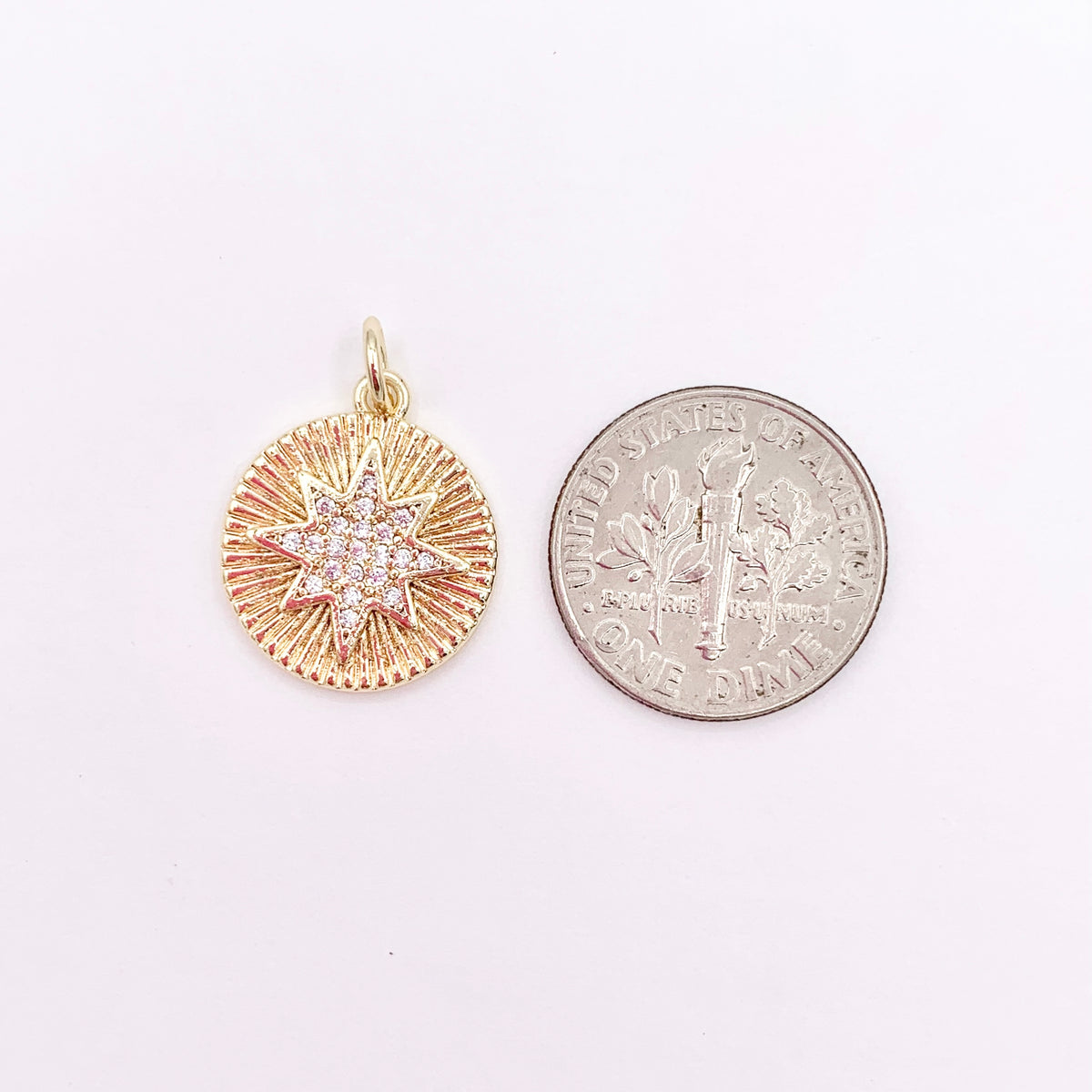 14mm CZ Pave Starburst Coin Charm in Real Gold 18K Plated Copper 10 PCS