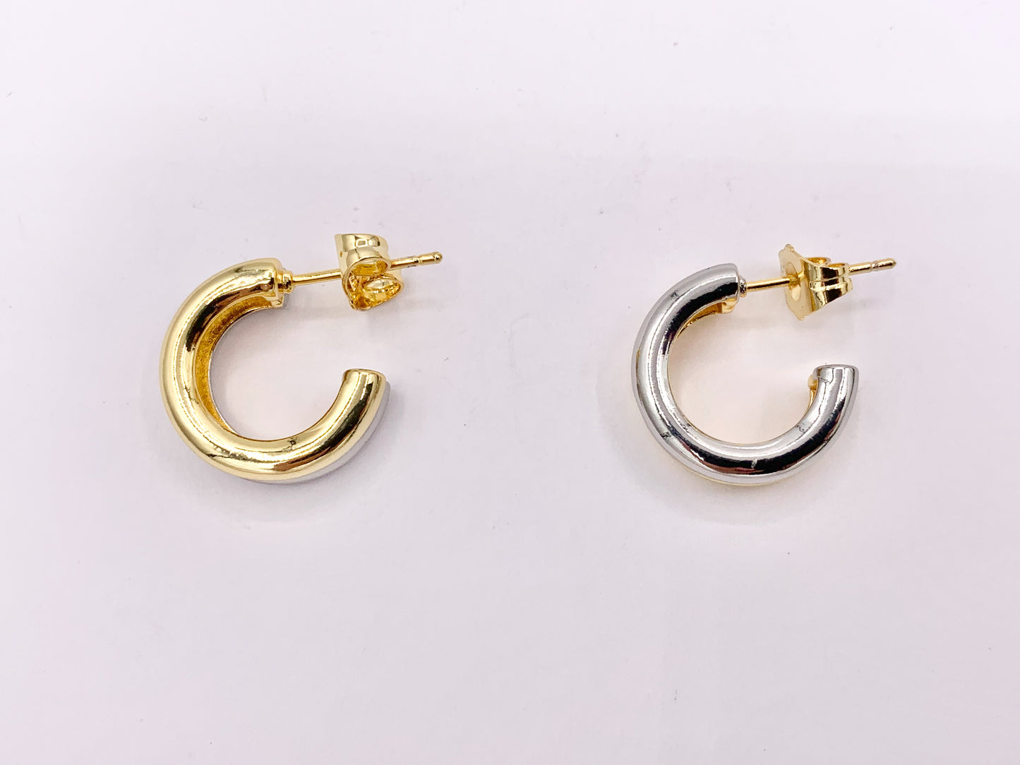 2 Tone Minimalist Earring Hoops in 18K Gold/Silver Plated Over Brass 4 PAIRS