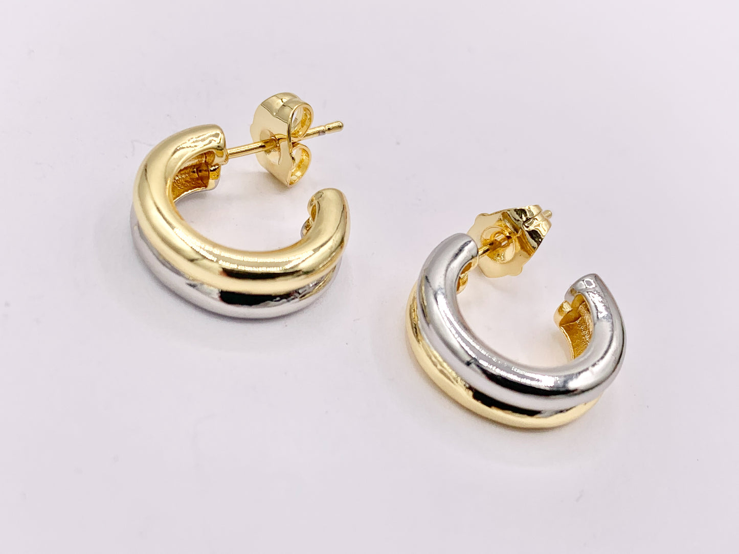 2 Tone Minimalist Earring Hoops in 18K Gold/Silver Plated Over Brass 4 PAIRS