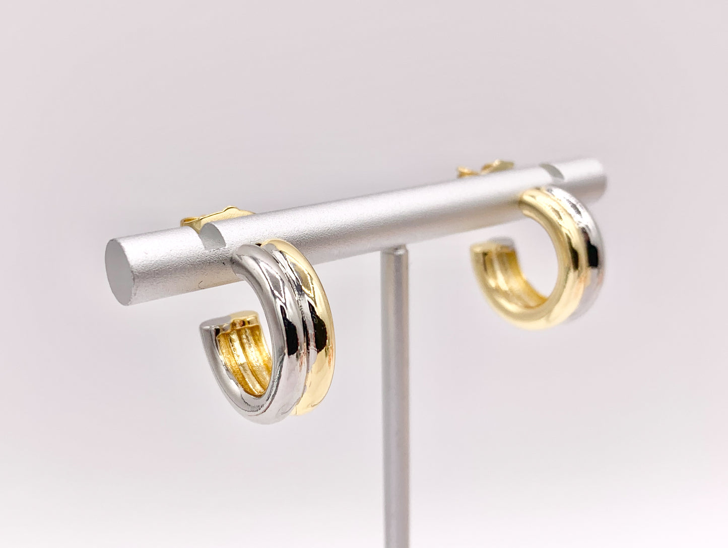 2 Tone Minimalist Earring Hoops in 18K Gold/Silver Plated Over Brass 4 PAIRS
