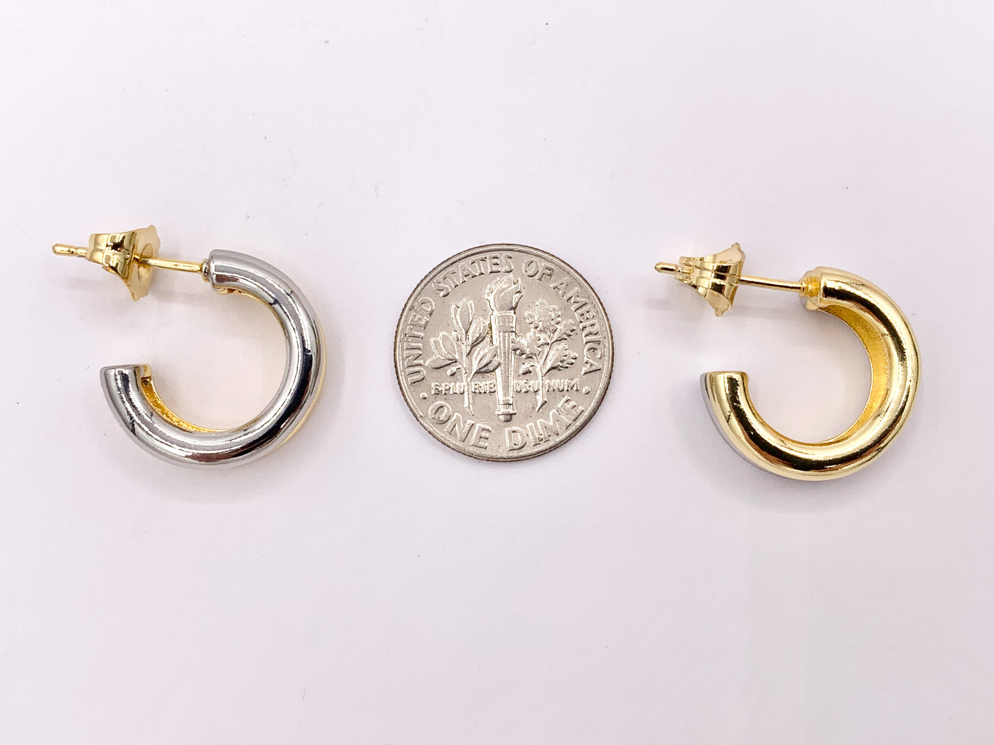 2 Tone Minimalist Earring Hoops in 18K Gold/Silver Plated Over Brass 4 PAIRS