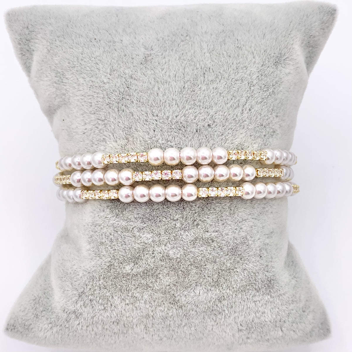 Luxury Stretch Flexible Rhinestone Faux Pearl Bracelet Cuffs in Real Gold 18K Plated Copper 3 PCS