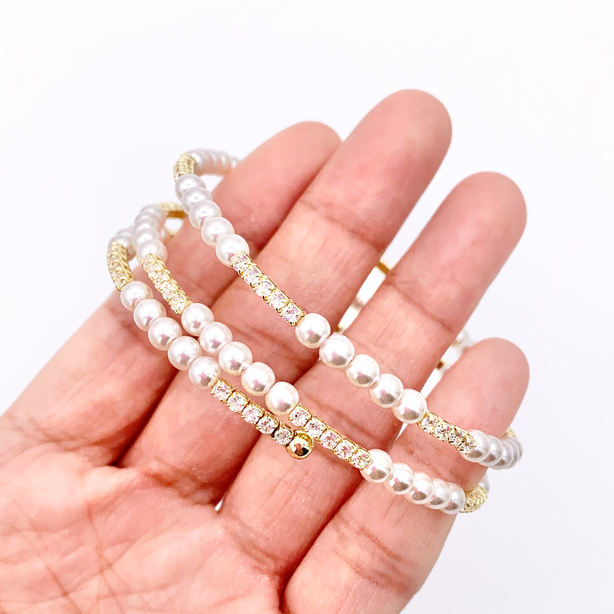 Luxury Stretch Flexible Rhinestone Faux Pearl Bracelet Cuffs in Real Gold 18K Plated Copper 3 PCS