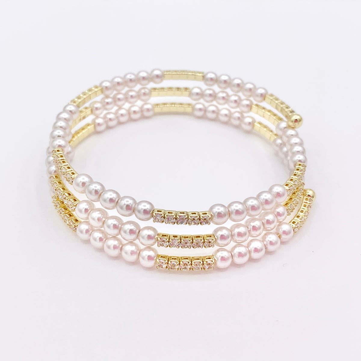Luxury Stretch Flexible Rhinestone Faux Pearl Bracelet Cuffs in Real Gold 18K Plated Copper 3 PCS