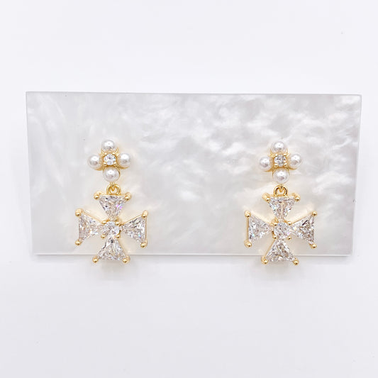 Dangle Cross Earrings with CZ Pave in 18K Gold Plated Copper 3 PAIRS