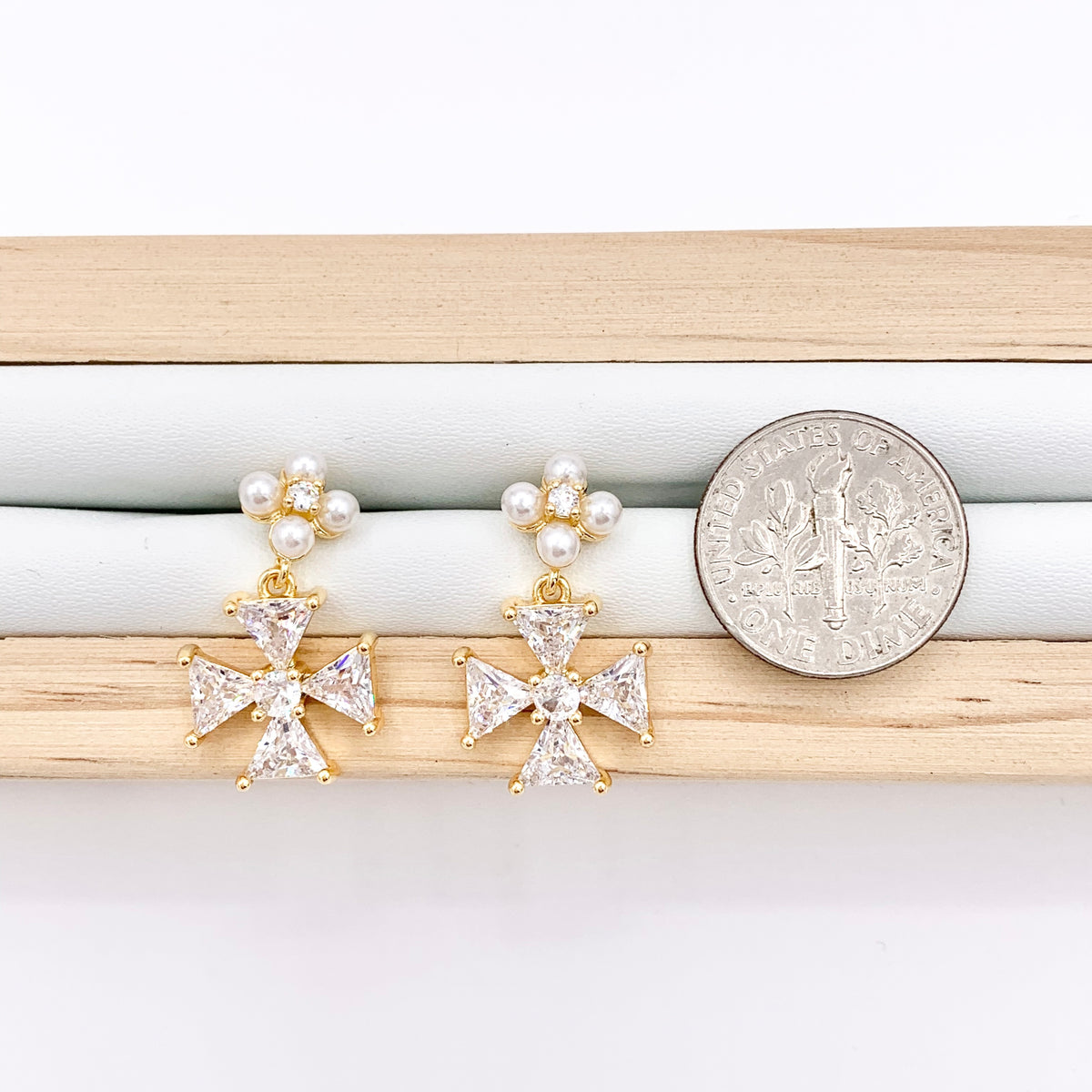 Dangle Cross Earrings with CZ Pave in 18K Gold Plated Copper 3 PAIRS