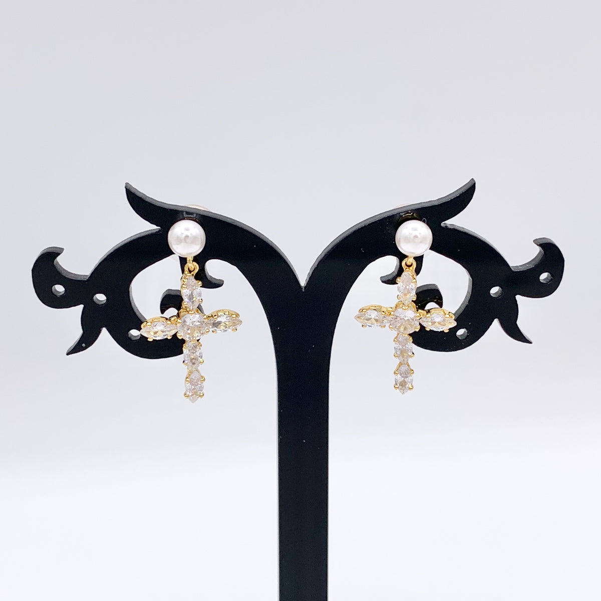 Dangle Cross Earrings with CZ Pave in 18K Gold Plated Copper 3 PAIRS