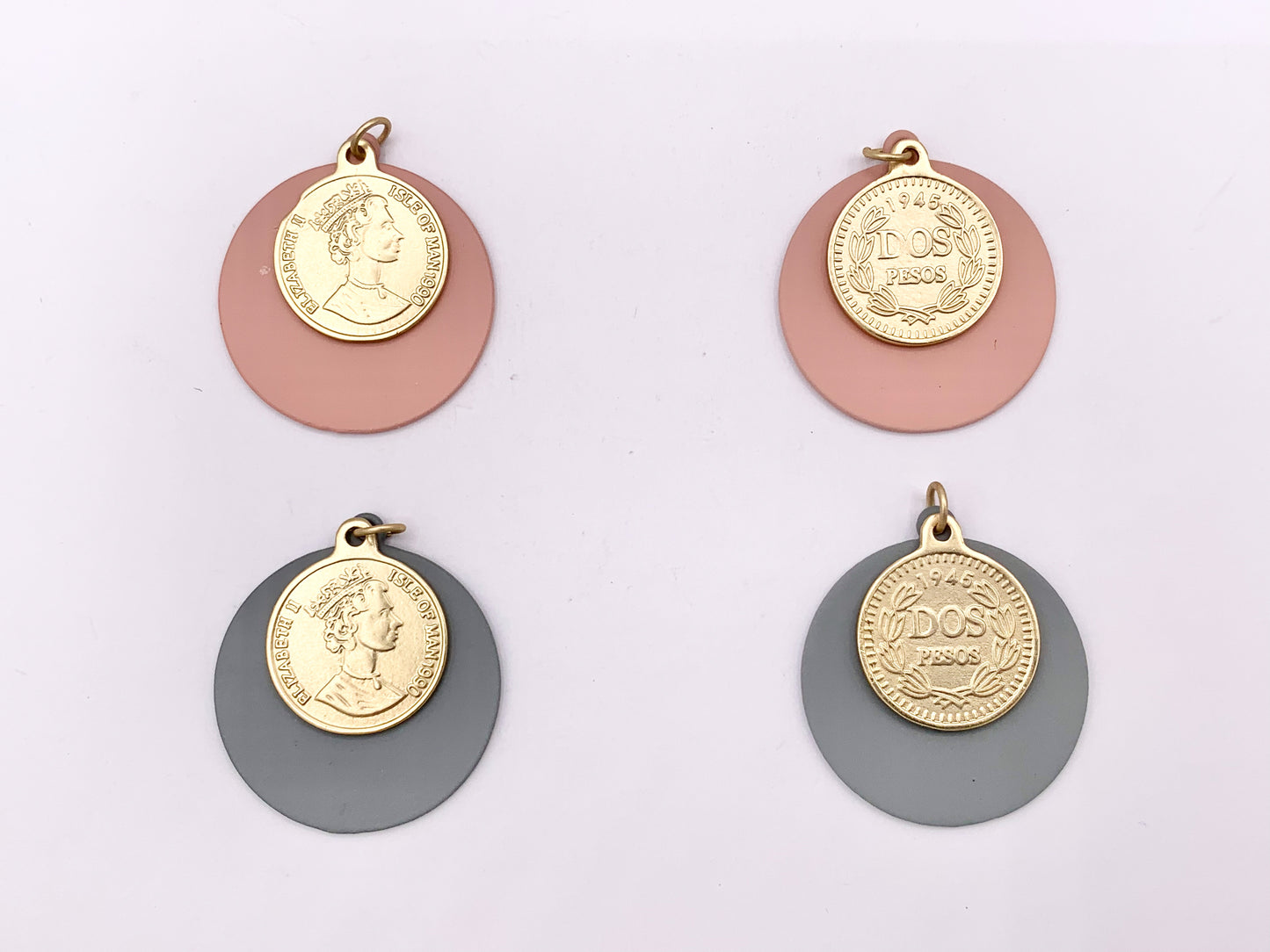 28mm Pewter 2 pcs Matte Pastel Colorful Queen Elizabeth Coin Charms in Pink, Blue, Dark Blue, Gray 8 PCS