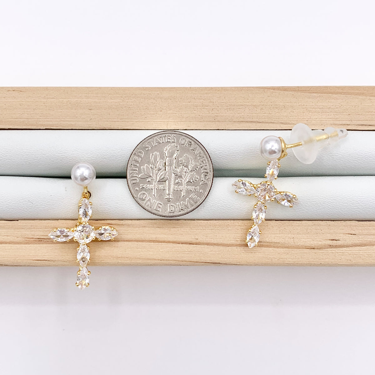 Dangle Cross Earrings with CZ Pave in 18K Gold Plated Copper 3 PAIRS