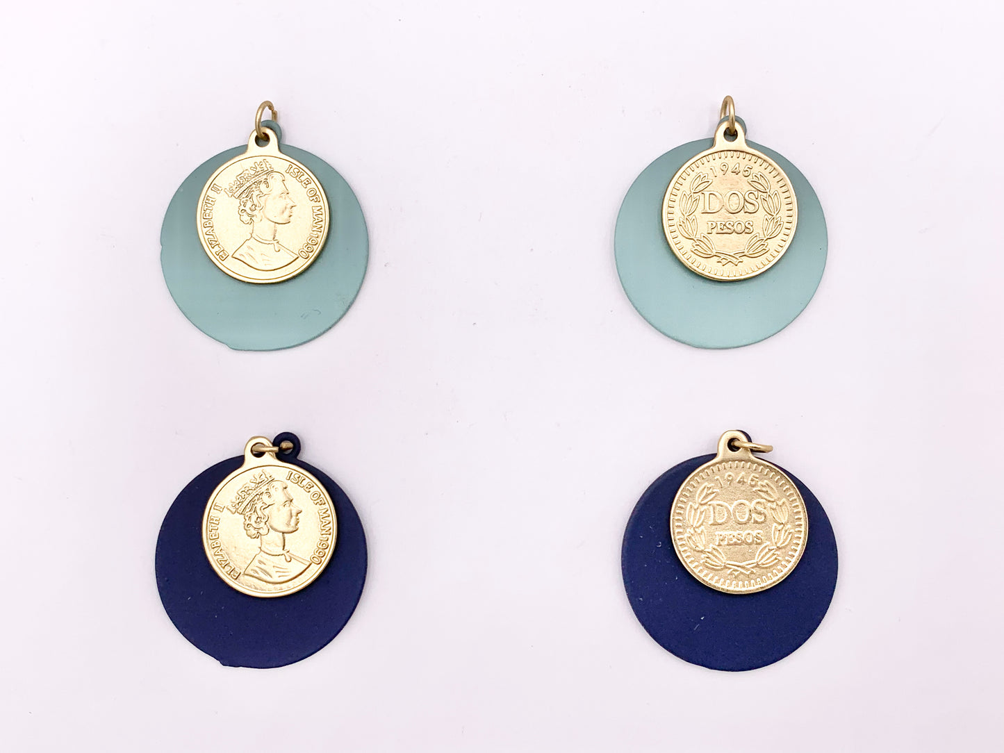 28mm Pewter 2 pcs Matte Pastel Colorful Queen Elizabeth Coin Charms in Pink, Blue, Dark Blue, Gray 8 PCS