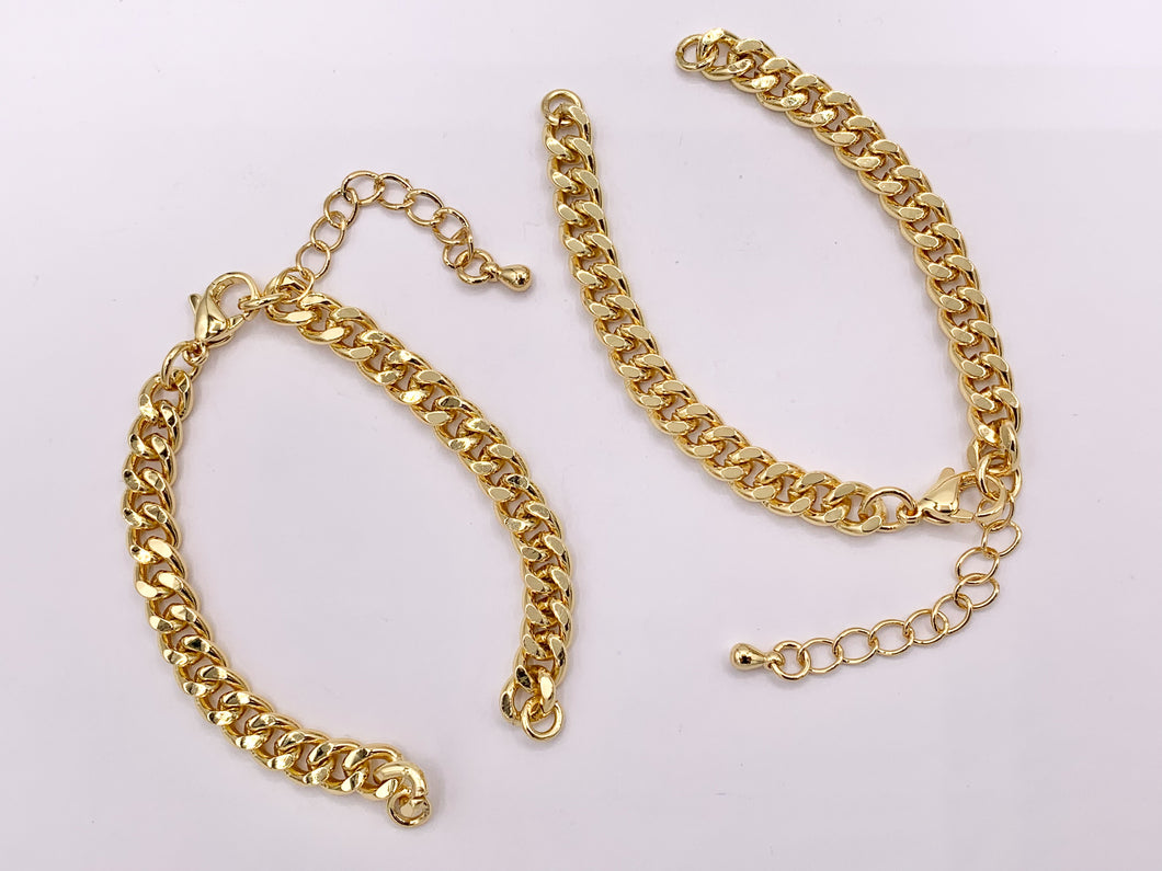 6 inches Curb Chain with 1.5 inch Extender Chain with Lobster Clasp Bracelet Component in 18K Gold Plated Copper (1PC)