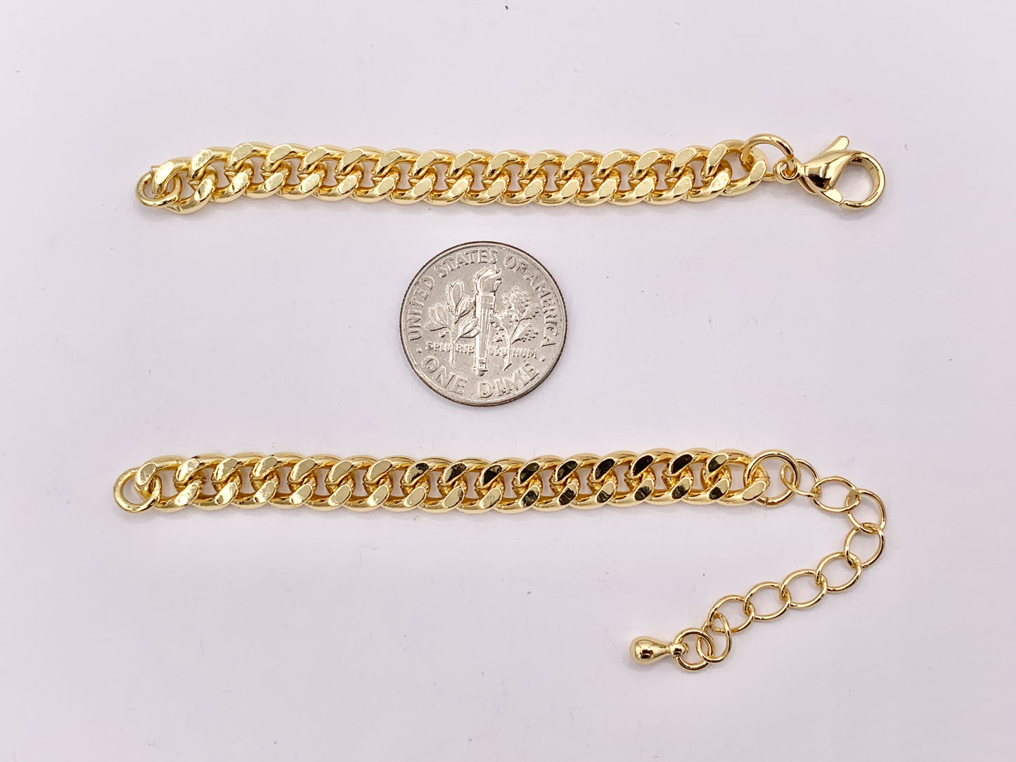 6 inches Curb Chain with 1.5 inch Extender Chain with Lobster Clasp Bracelet Component in 18K Gold Plated Copper (1PC)