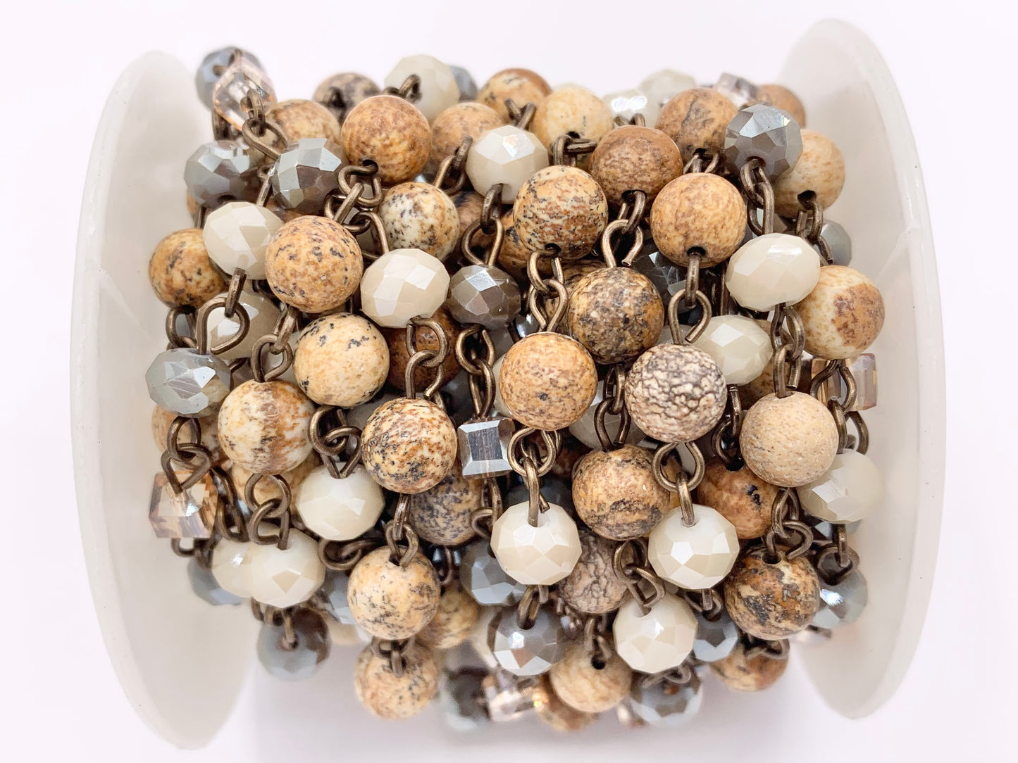 Picture Jasper Round Smooth + Crystal Rosary Style Beaded Chain With Brass Wire By Spool 4mm 6mm 8mm