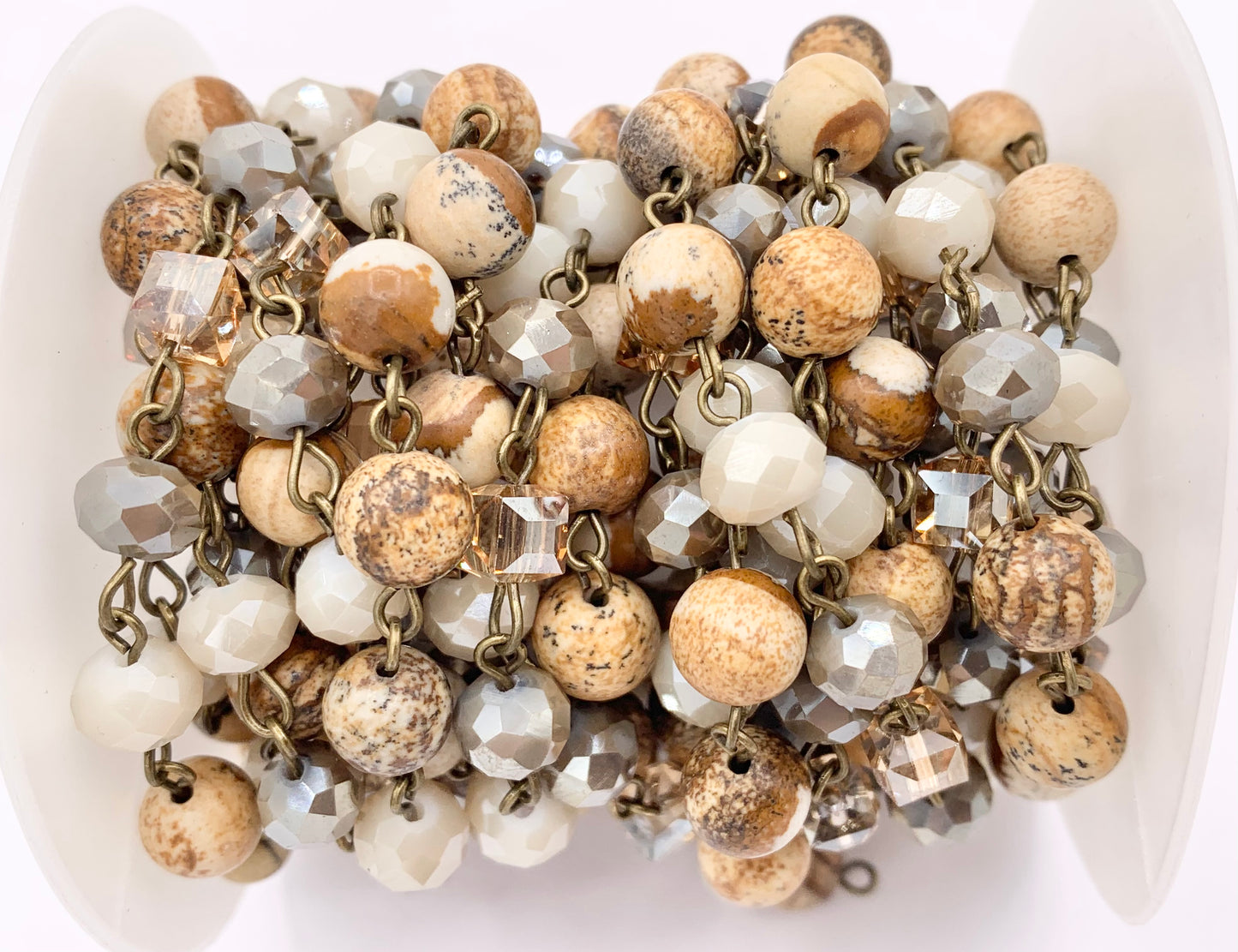 Picture Jasper Round Smooth + Crystal Rosary Style Beaded Chain With Brass Wire By Spool 4mm 6mm 8mm