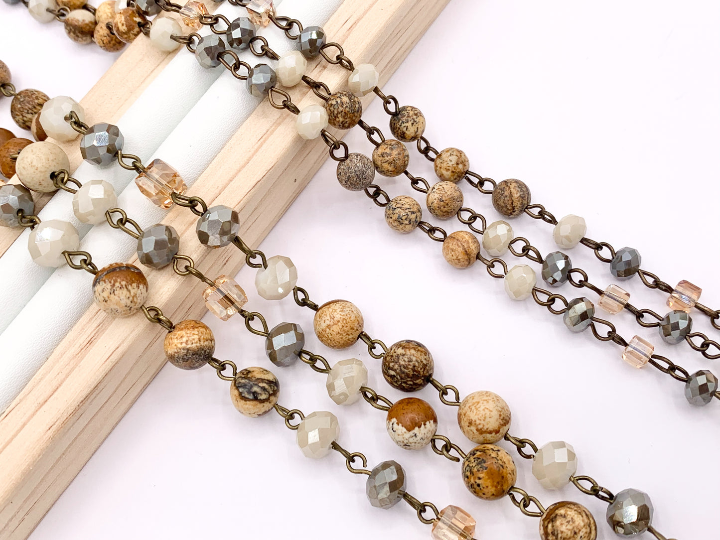 Picture Jasper Round Smooth + Crystal Rosary Style Beaded Chain With Brass Wire By Spool 4mm 6mm 8mm