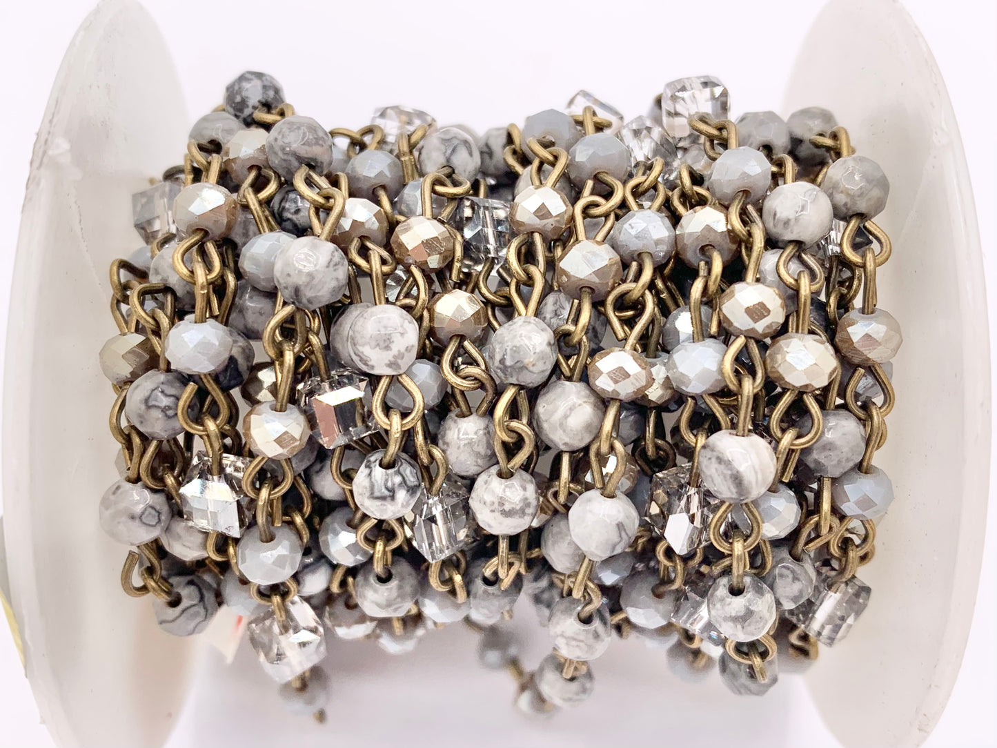 Silver Crazy Lace Agate Round Faceted + Crystal Rosary Style Beaded Chain With Brass Wire By Spool 4mm 6mm 8mm