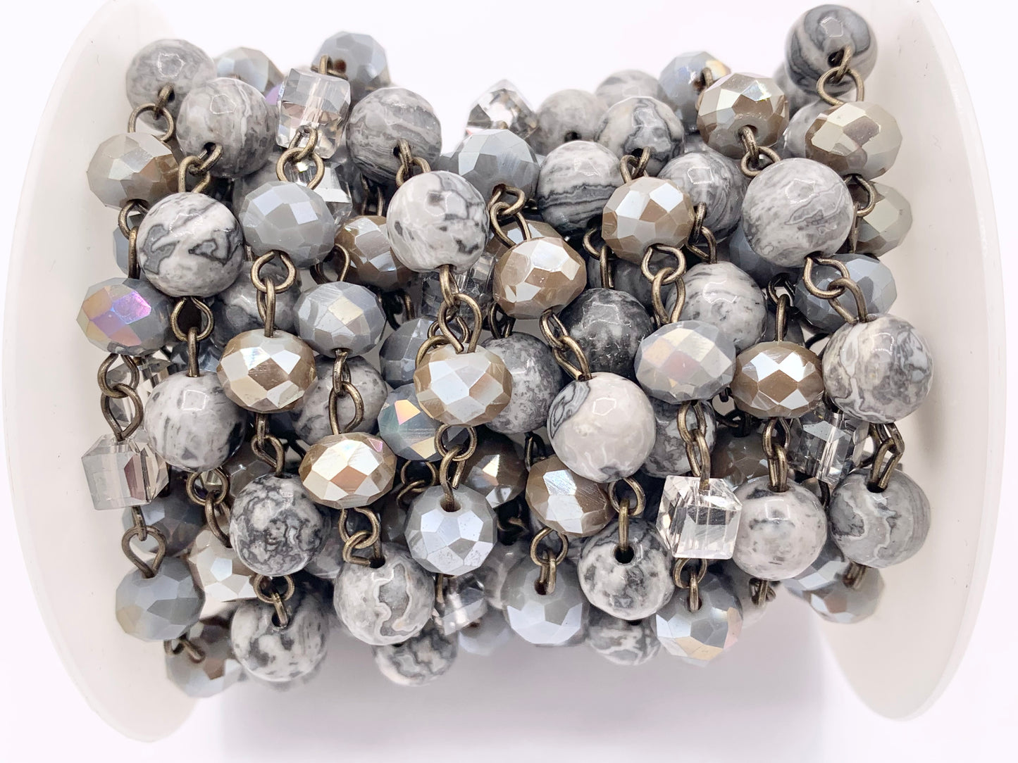 Silver Crazy Lace Agate Round Faceted + Crystal Rosary Style Beaded Chain With Brass Wire By Spool 4mm 6mm 8mm
