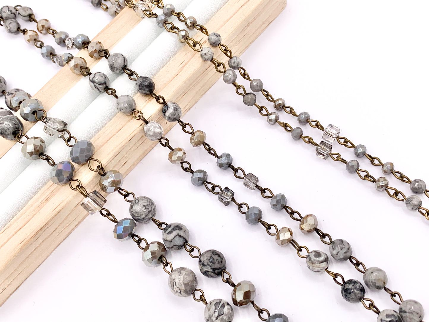 Silver Crazy Lace Agate Round Faceted + Crystal Rosary Style Beaded Chain With Brass Wire By Spool 4mm 6mm 8mm